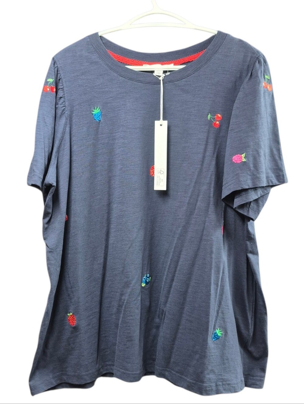 New Jane + Delancey T Shirt Women's Plus Size 1X Embroidered Fruit Navy